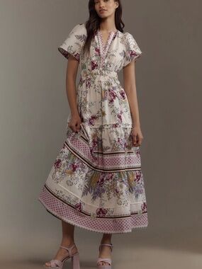 Anthropologie Cream Maxi Dress with Pink & Purple Floral Print